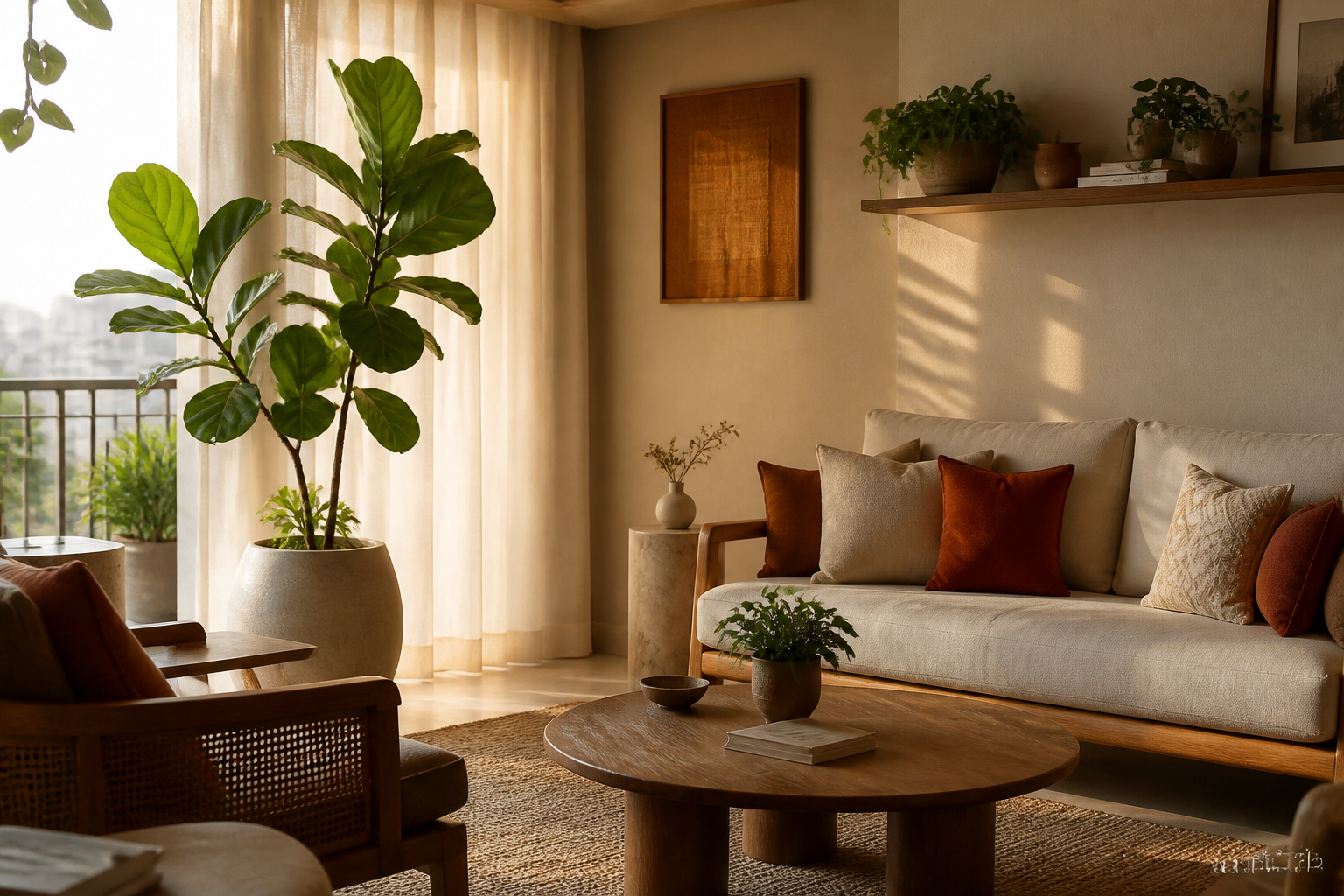 Sunlit Indian apartment living room with indoor plants, natural wood furniture and warm neutral interiors